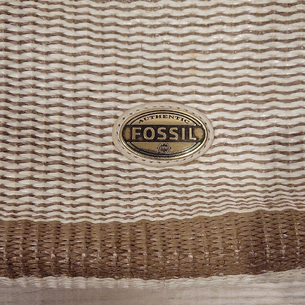 Fossil Tan, Cream & Coral Woven Tote with Brown Leather Trim - Picture 2 of 12